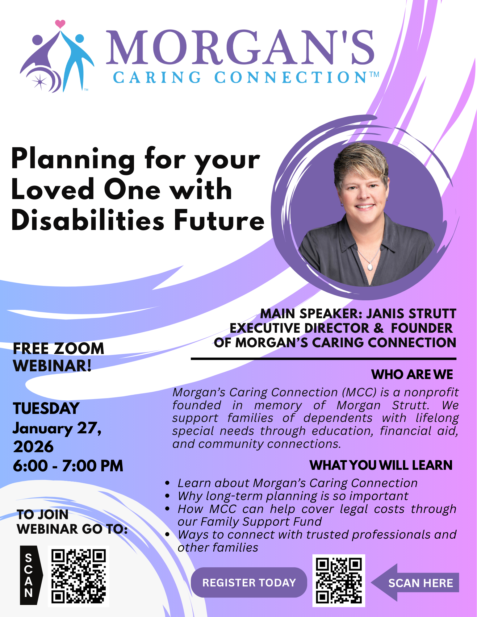 MCC January 27 webinar flyer: Planning for your Loved One with Disabilities Future, presented by Janis Strutt