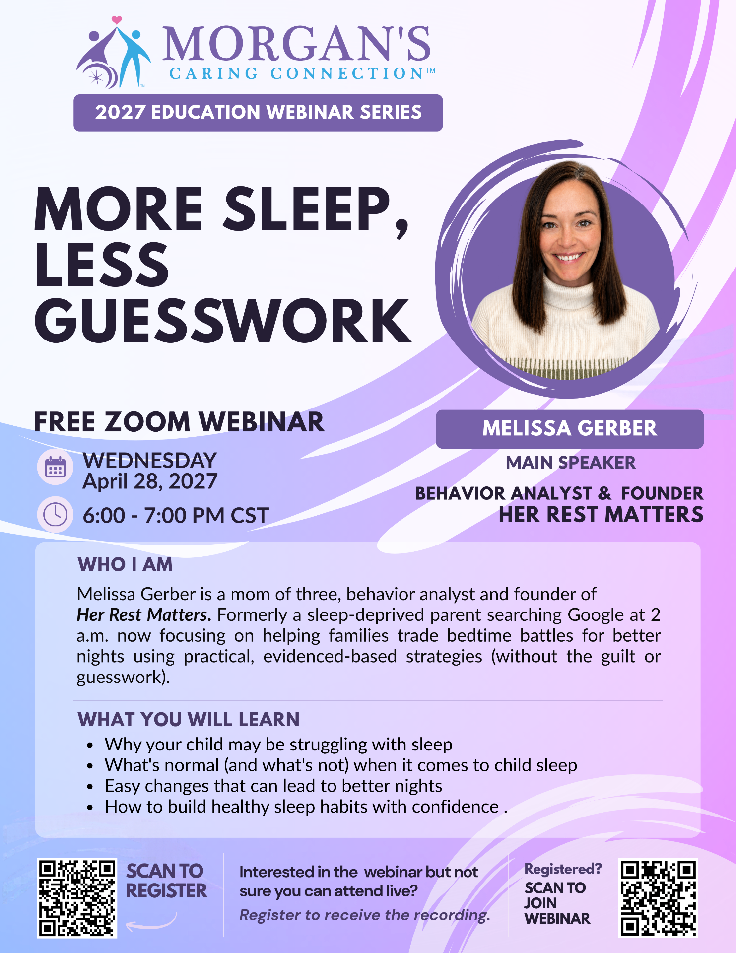 MCC 2027 webinar flyer: More Sleep, Less Guesswork with Melissa Gerber, behavior analyst and founder of Her Rest Matters