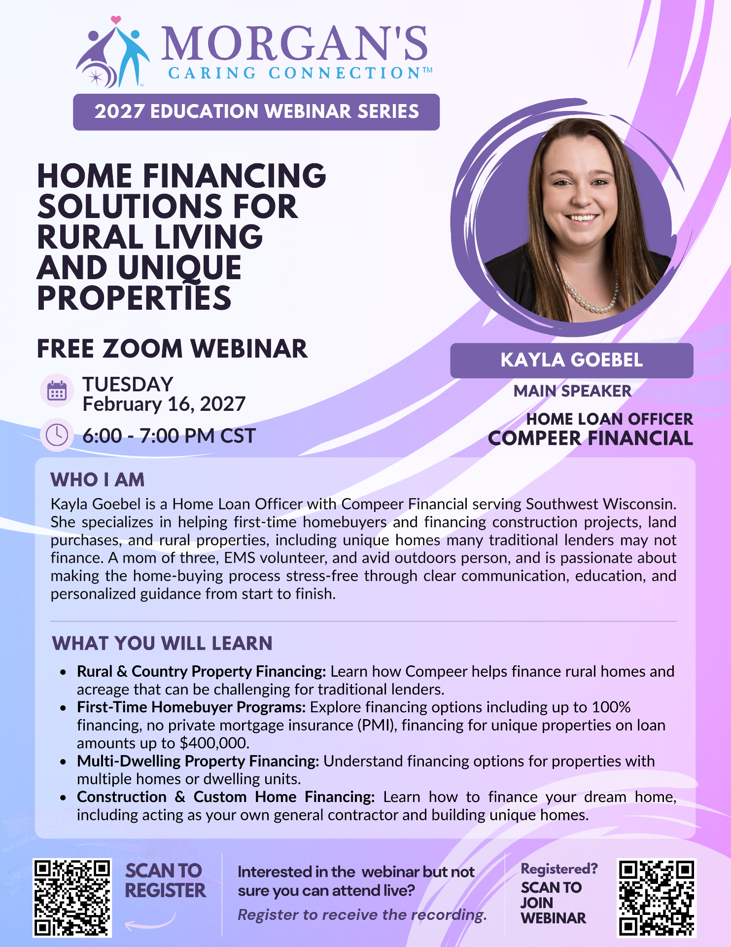 MCC 2027 webinar flyer: Home Financing Solutions for Rural Living and Unique Properties with Kayla Goebel, Home Loan Officer at Compeer Financial