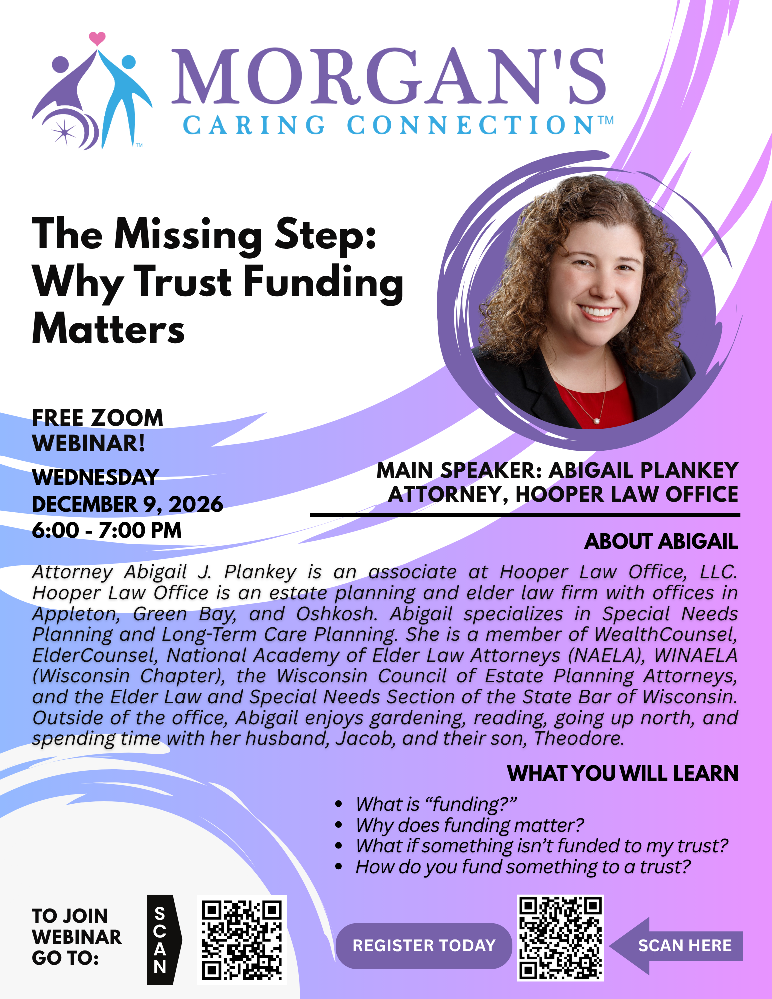 December 9 webinar flyer with Abigail Plankey on trust funding