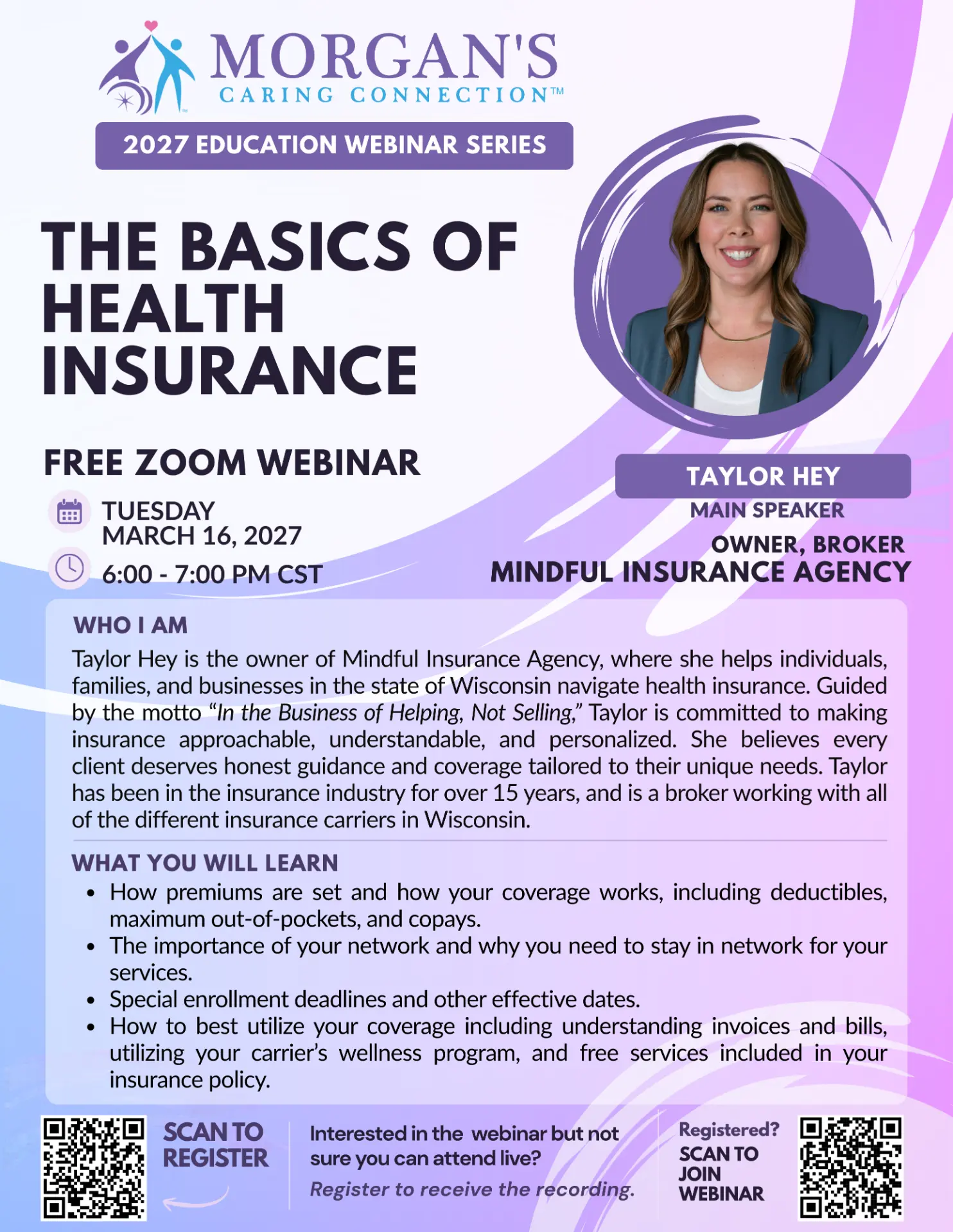 MCC 2027 webinar flyer: The Basics of Health Insurance with Taylor Hey, owner and broker at Mindful Insurance Agency
