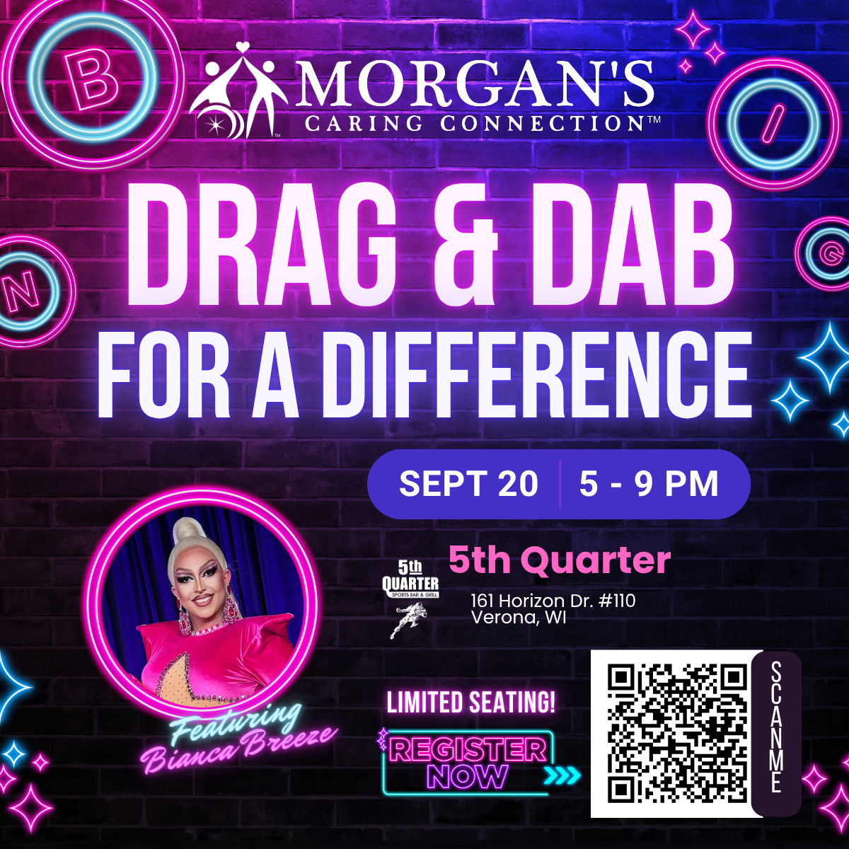 Drag & Dab for a Difference — September 20, 2027, 5–9 PM at Fifth Quarter Bar & Grill, Verona, WI, featuring Bianca Breeze