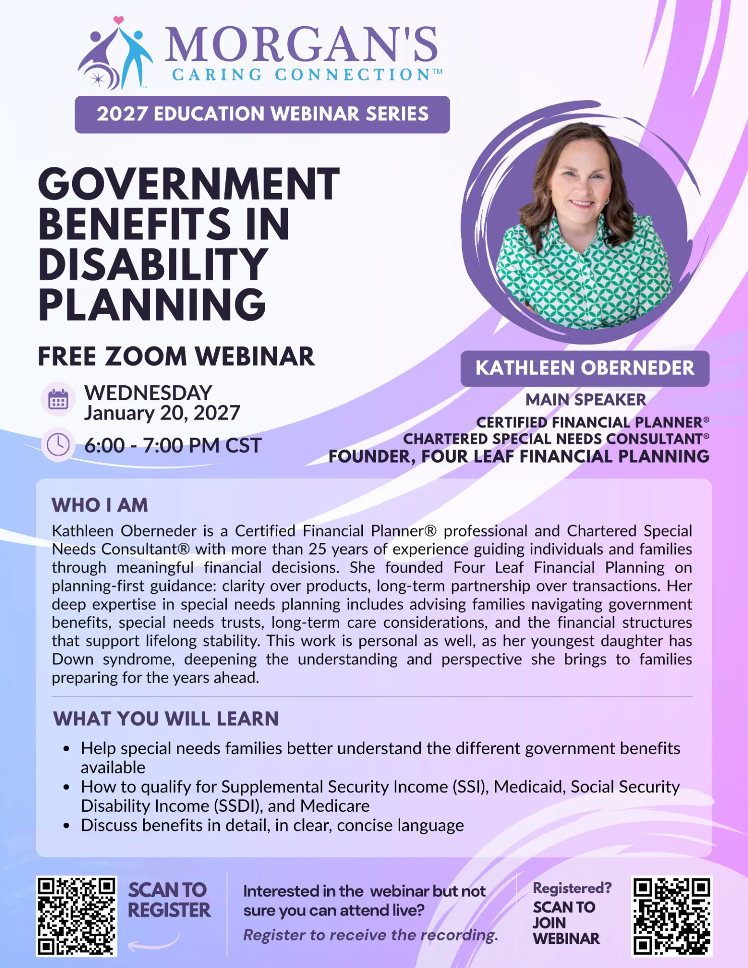 MCC 2027 webinar flyer: Government Benefits in Disability Planning with Kathleen Oberneder, CFP, Chartered Special Needs Consultant, Founder of Four Leaf Financial Planning