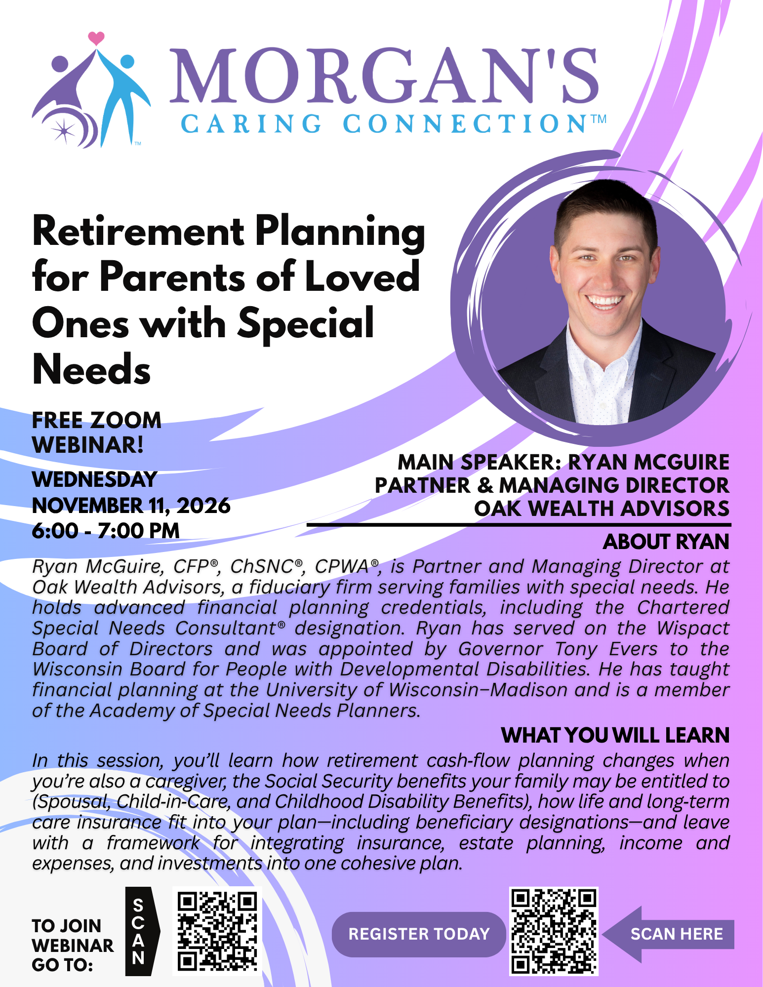 MCC webinar flyer: Retirement Planning for Parents of Loved Ones with Special Needs, presented by Ryan McGuire, CFP®, ChSNC®, CPWA®