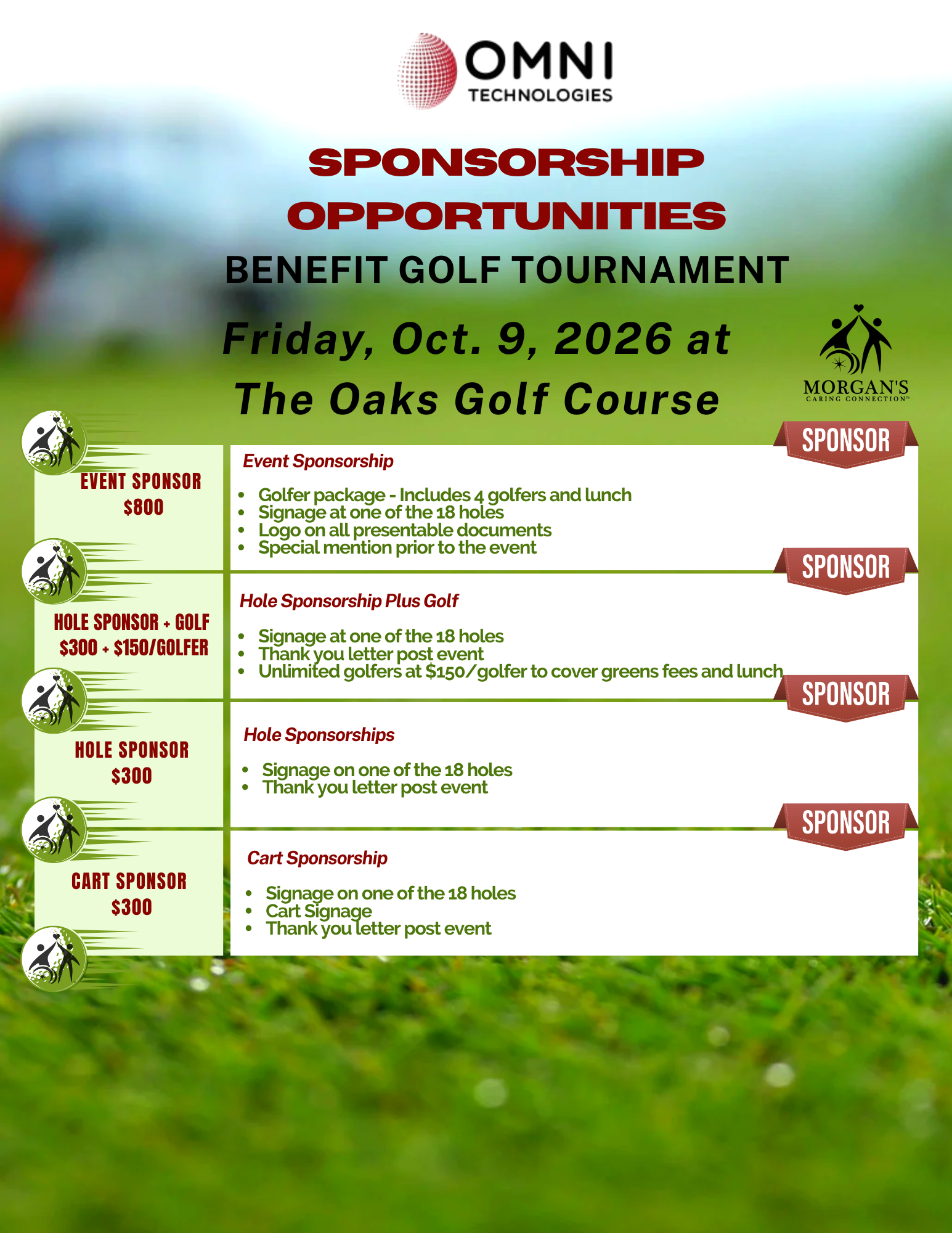 Omni Technologies Golf Outing sponsorship opportunities flyer benefiting Morgan's Caring Connection